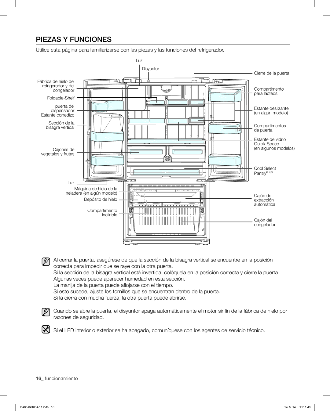 Samsung RFG296HDRS user manual Piezas Y Funciones, Depósito de hielo, Compartimento, Inclinble 