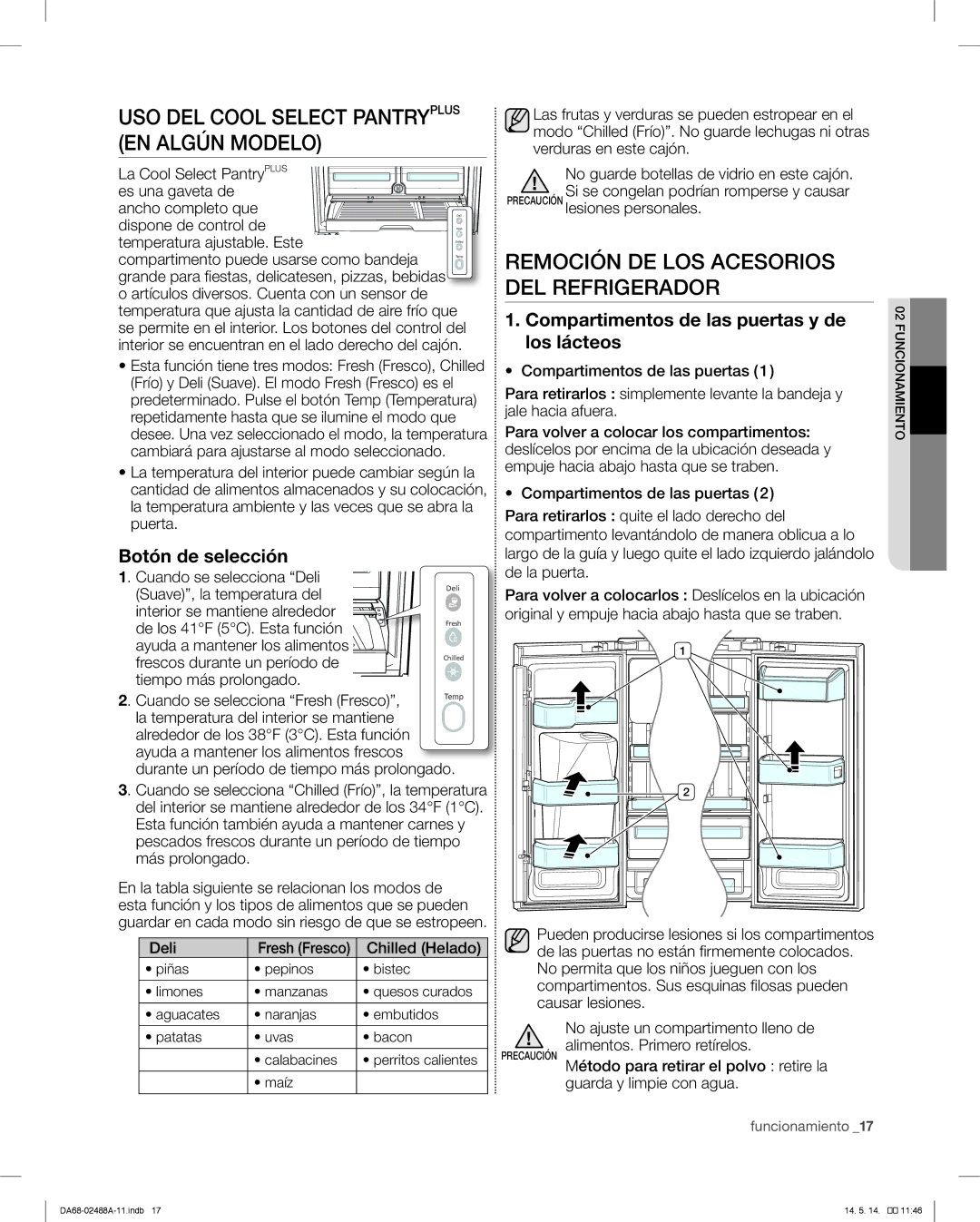 Samsung RFG296HDRS USO DEL Cool Select Pantryplus EN Algún Modelo, Remoción DE LOS Acesorios DEL Refrigerador 