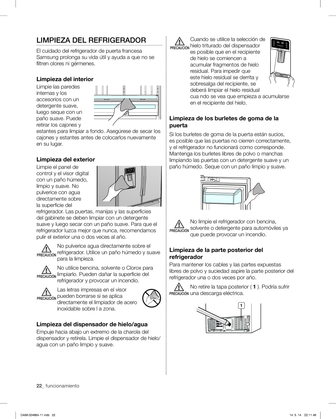 Samsung RFG296HDRS user manual Limpieza DEL Refrigerador 