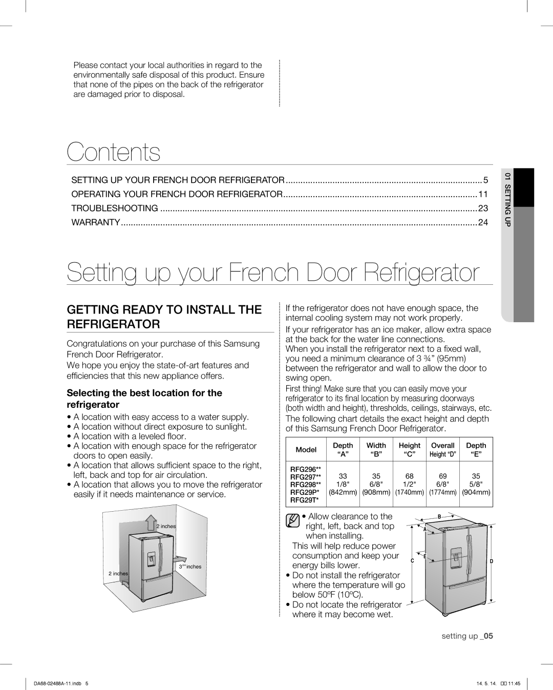 Samsung RFG296HDRS user manual Contents, Setting up your French Door Refrigerator 