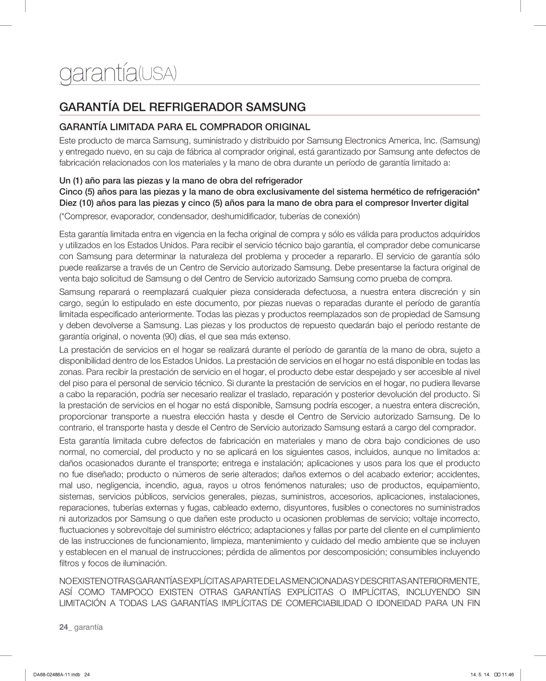 Samsung RFG296HDRS user manual GarantíaUSA, Garantía DEL Refrigerador Samsung 