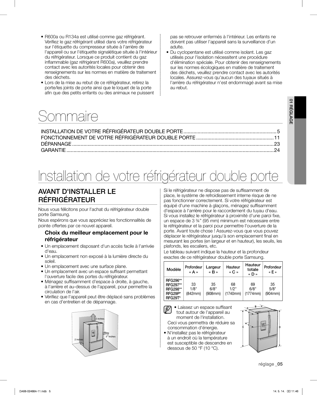 Samsung RFG296HD Sommaire, Avant Dinstaller LE Réfrigérateur, Choix du meilleur emplacement pour le réfrigérateur 