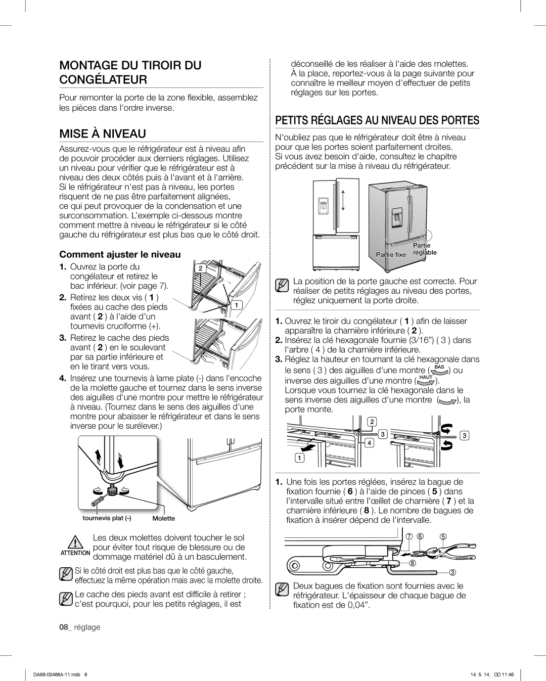 Samsung RFG296HDRS user manual Montage DU Tiroir DU Congélateur, Mise À Niveau, Petits Réglages AU Niveau DES Portes 