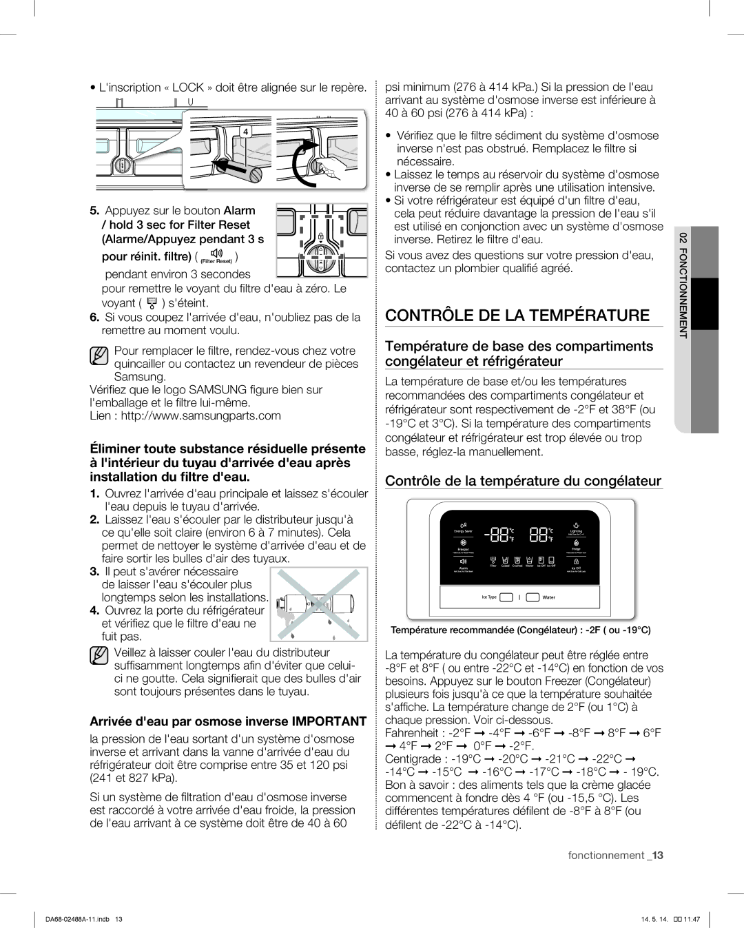 Samsung RFG296HDRS user manual Contrôle DE LA Température, Contrôle de la température du congélateur 