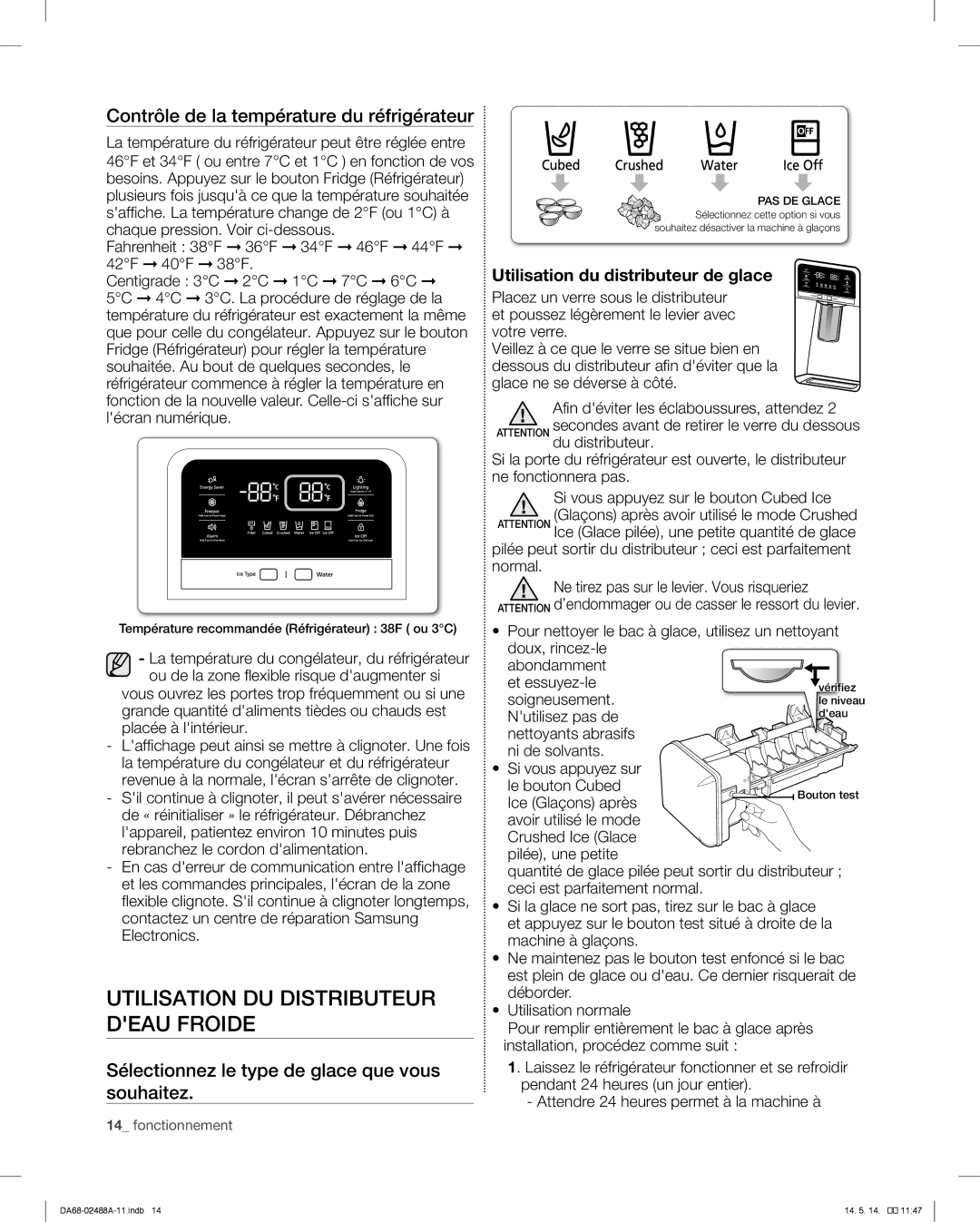 Samsung RFG296HDRS user manual Utilisation DU Distributeur Deau Froide, Contrôle de la température du réfrigérateur 