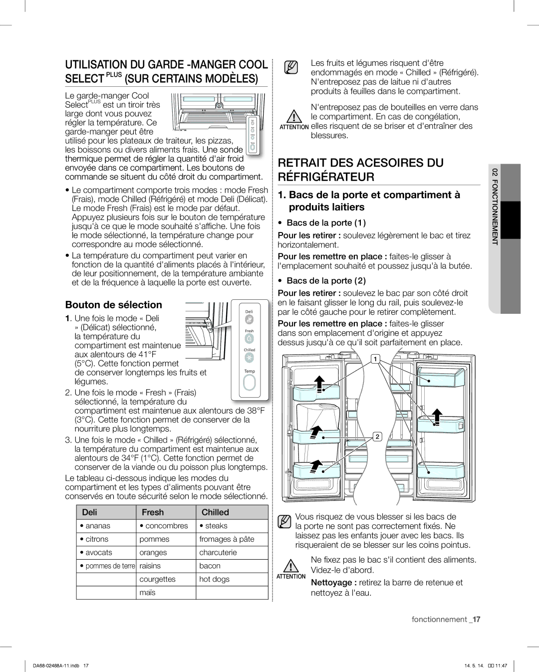 Samsung RFG296HDRS user manual Retrait DES Acesoires DU Réfrigérateur, Bouton de sélection, Le garde-manger Cool 