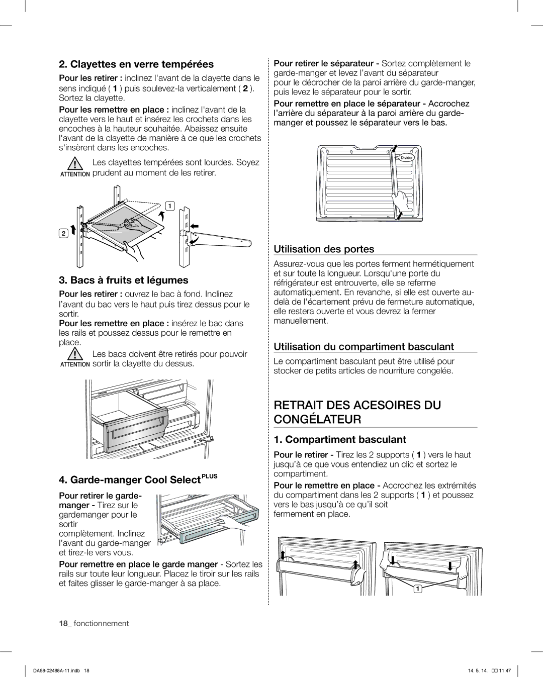 Samsung RFG296HDRS user manual Retrait DES Acesoires DU Congélateur, Clayettes en verre tempérées, Bacs à fruits et légumes 