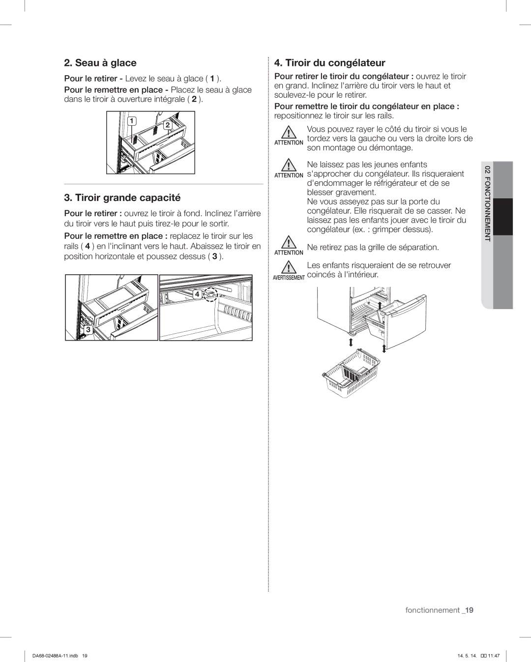 Samsung RFG296HDRS user manual Seau à glace, Tiroir grande capacité, Tiroir du congélateur, Son montage ou démontage 