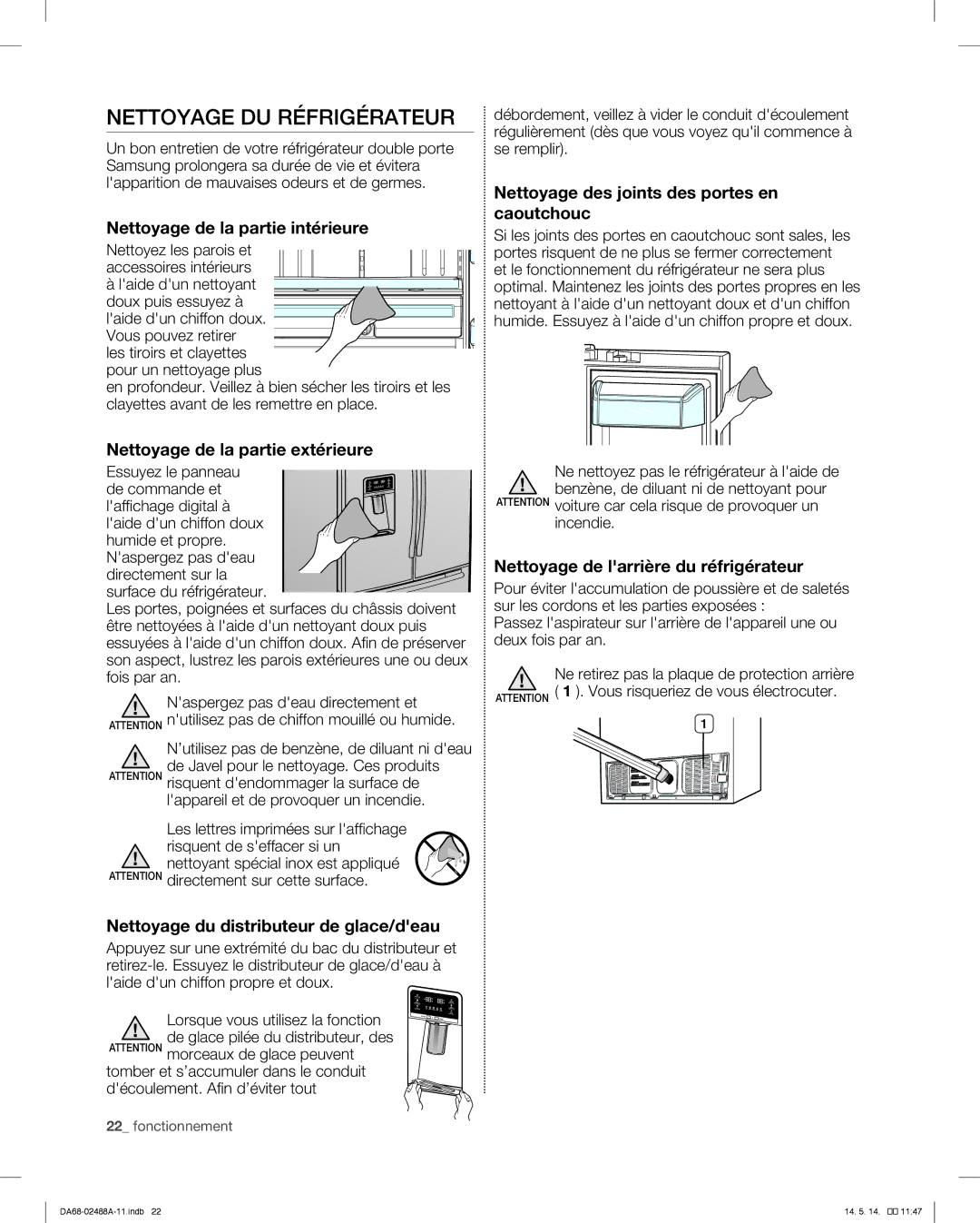 Samsung RFG296HDRS user manual Nettoyage DU Réfrigérateur 