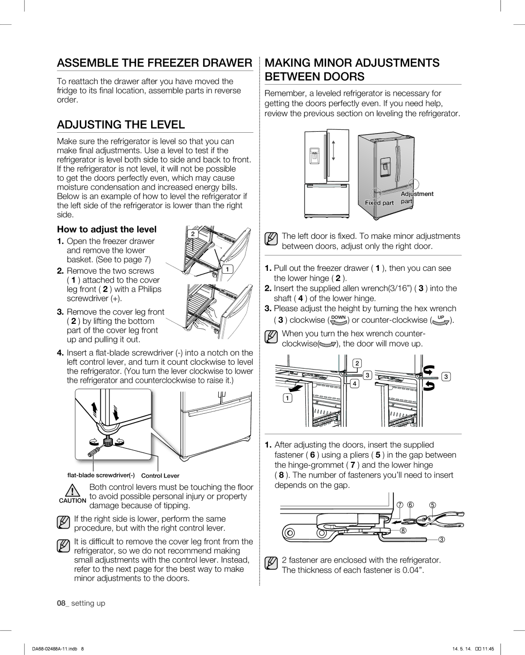 Samsung RFG296HDRS user manual Assemble the Freezer Drawer, Adjusting the Level, Making Minor Adjustments Between Doors 