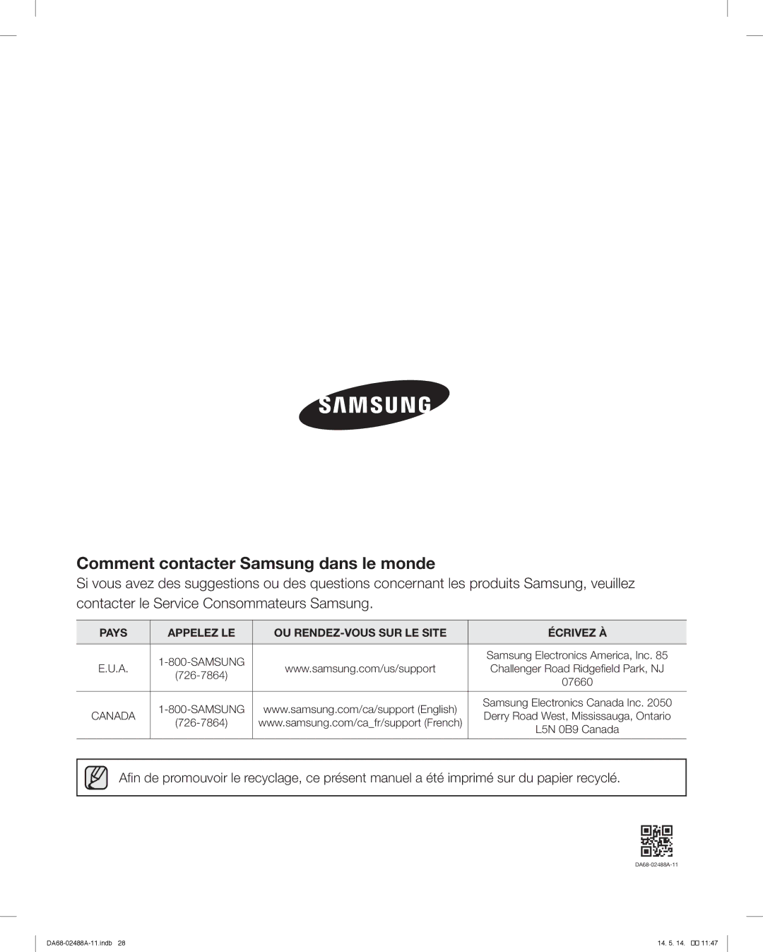 Samsung RFG296HDRS user manual Comment contacter Samsung dans le monde 