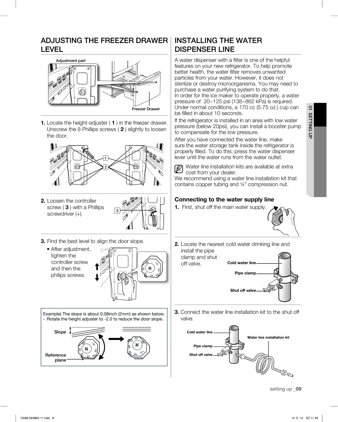 Samsung RFG296HDRS user manual Connecting to the water supply line, Off valve, Slope Reference plane 