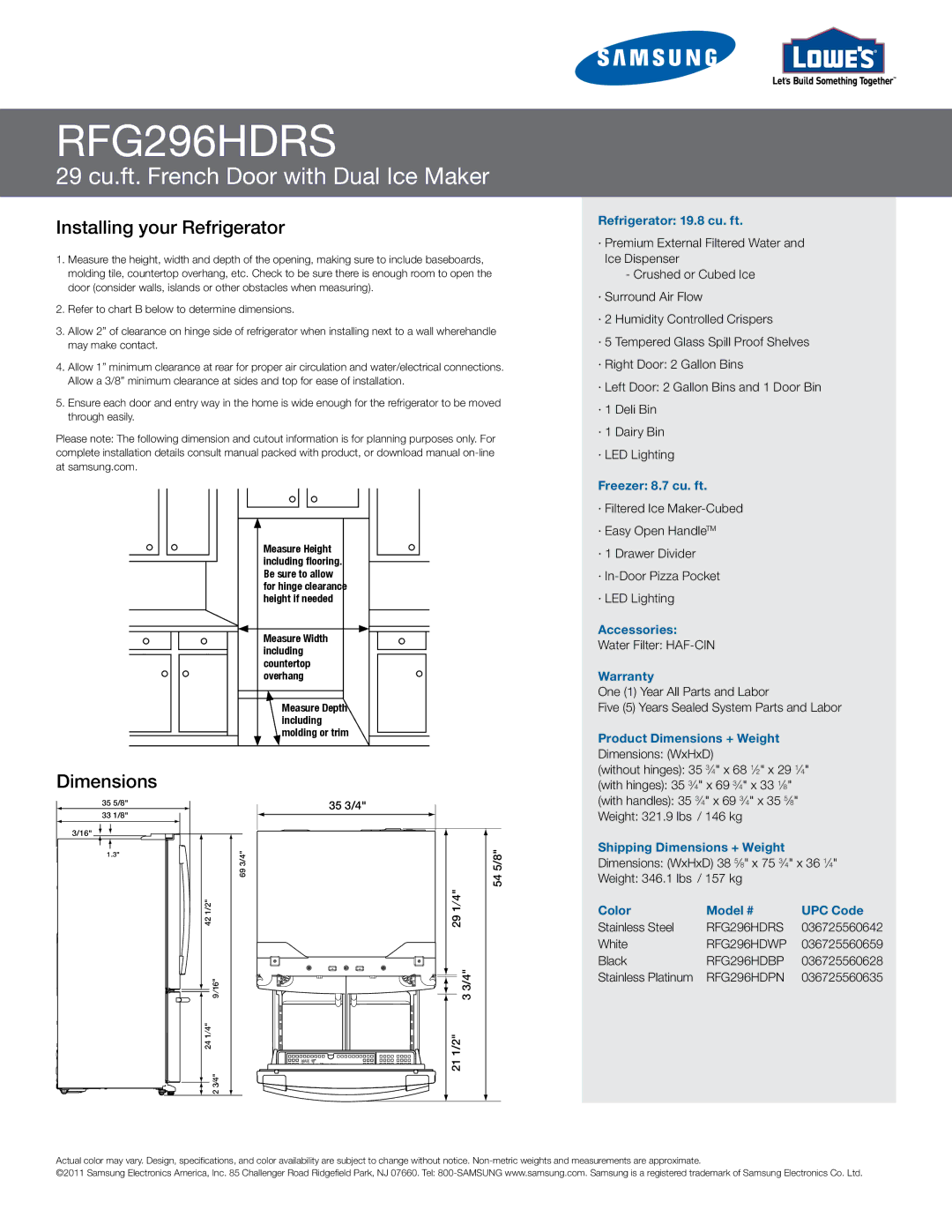 Samsung RFG296HDRS manual Installing your Refrigerator, Dimensions 