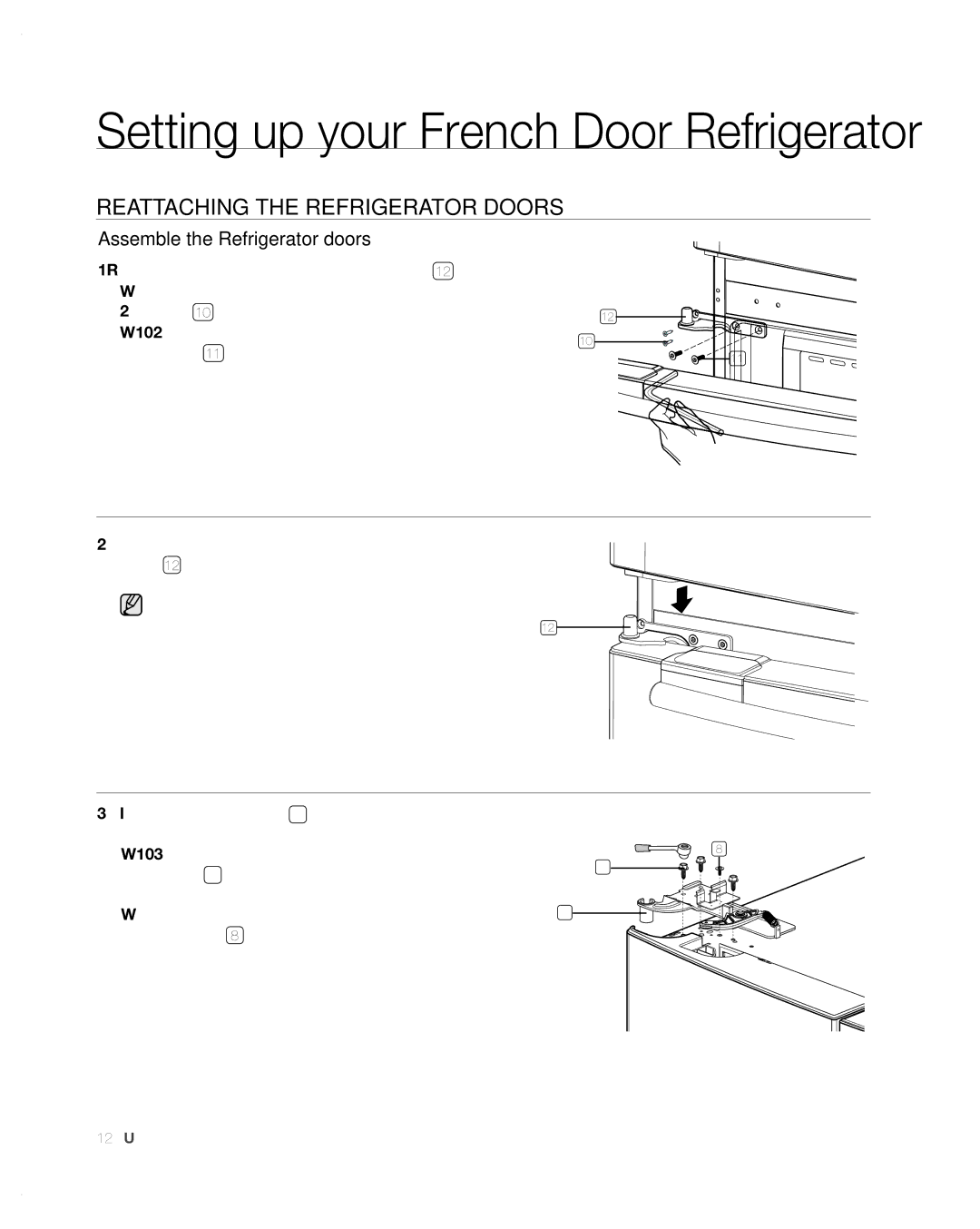 Samsung RFG297AA user manual REAttACHinG tHE REFRiGERAtoR DooRs, Assemble the Refrigerator doors 