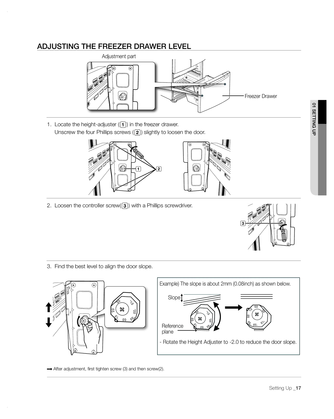 Samsung RFG297AA user manual Adjusting the Freezer Drawer Level 