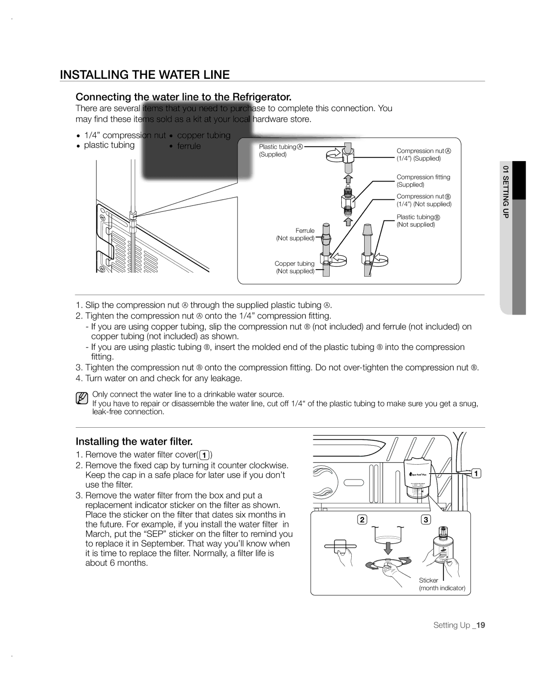 Samsung RFG297AA Installing the Water Line, Connecting the water line to the Refrigerator, Installing the water filter 