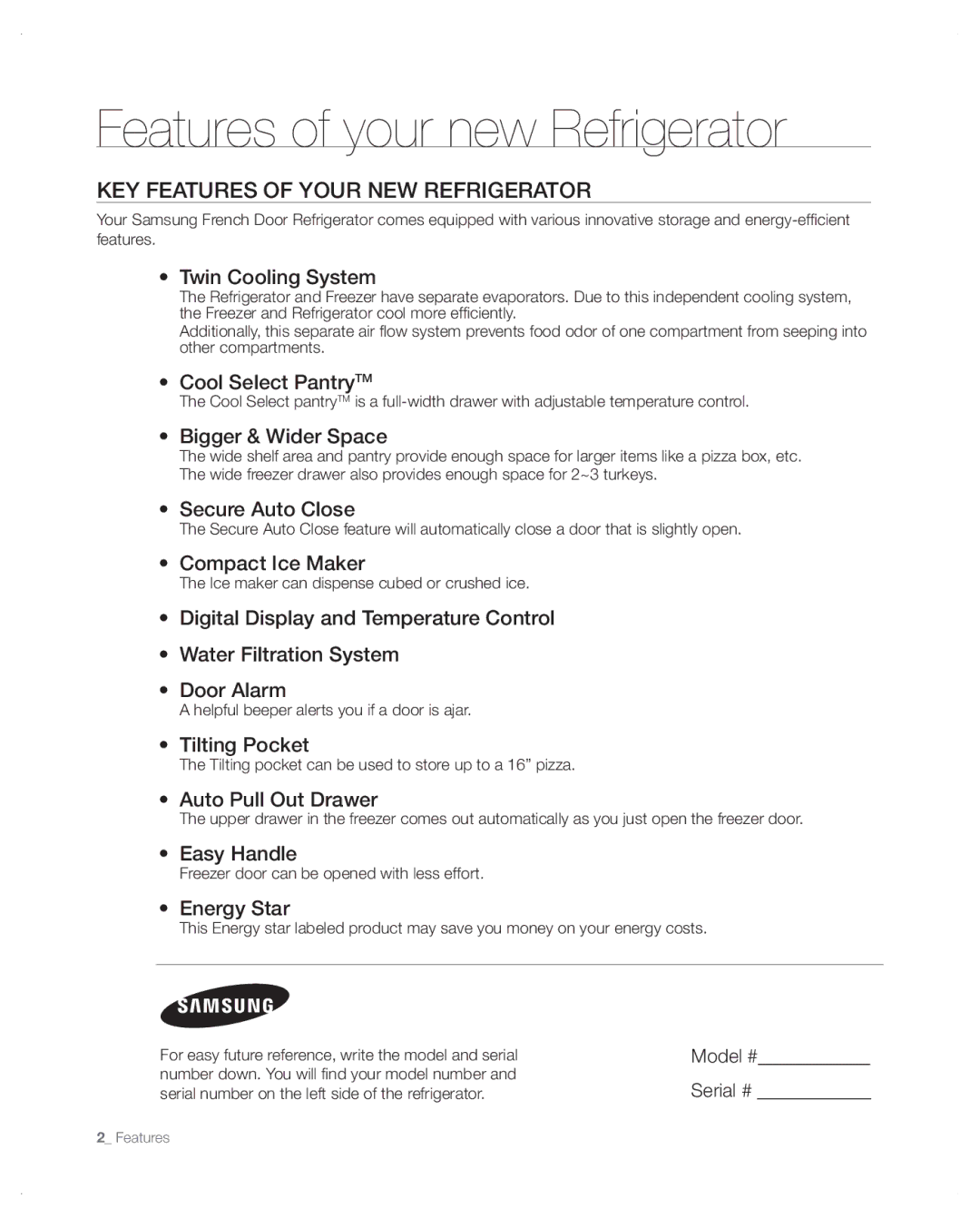 Samsung RFG297AA user manual Features of your new Refrigerator, Key features of your new refrigerator, Model #, Serial # 