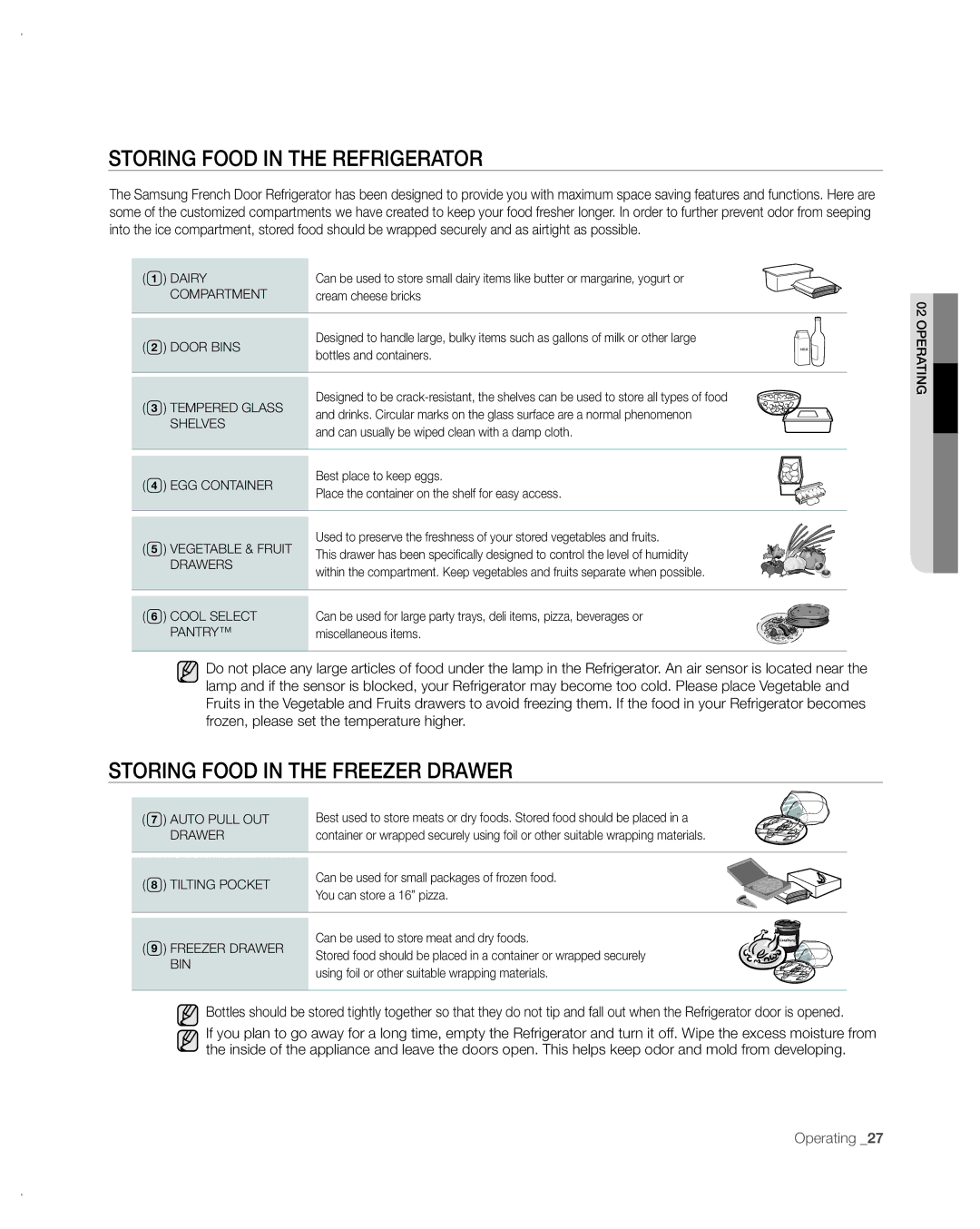 Samsung RFG297AA user manual Storing Food in the Refrigerator, Storing Food in the Freezer Drawer 