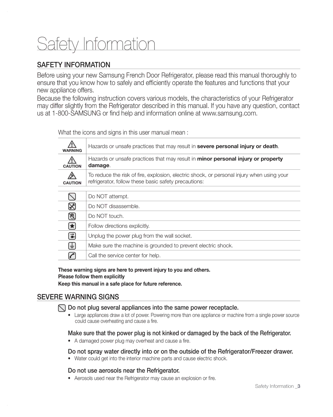 Samsung RFG297AA user manual Safety Information, Severe Warning Signs, Do not use aerosols near the Refrigerator 