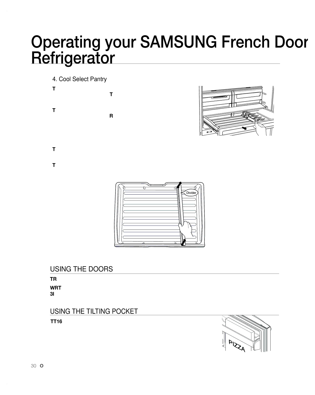 Samsung RFG297AA user manual Using tHe DooRs, UsinG tHE tiLtinG PoCKEt, Cool Select Pantry 