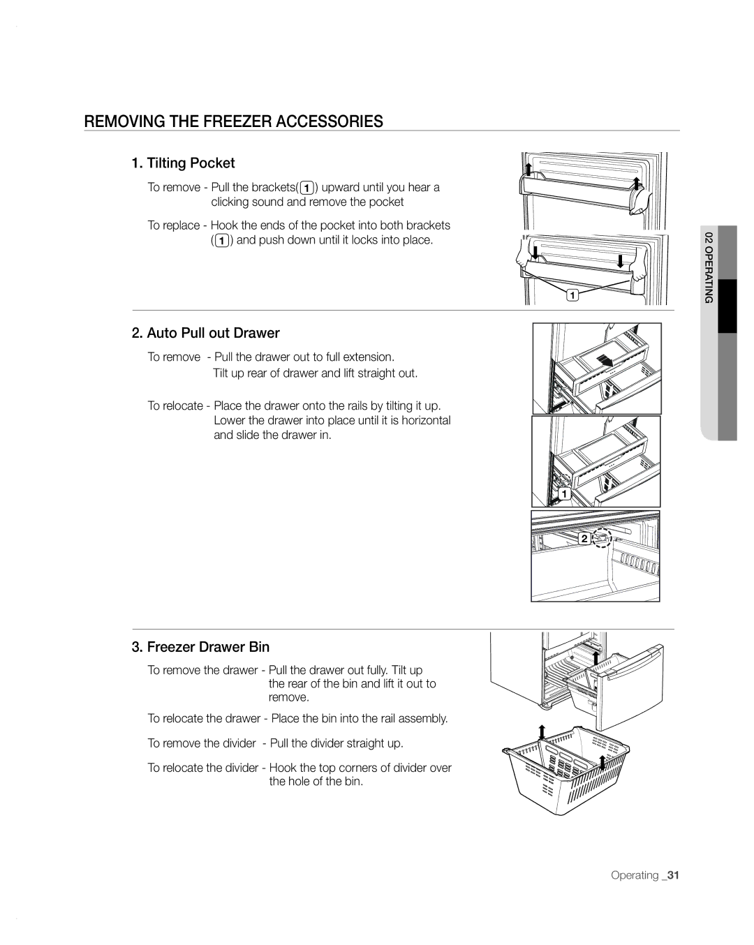 Samsung RFG297AA user manual Removing the Freezer Accessories, Tilting Pocket, Auto Pull out Drawer, Freezer Drawer Bin 