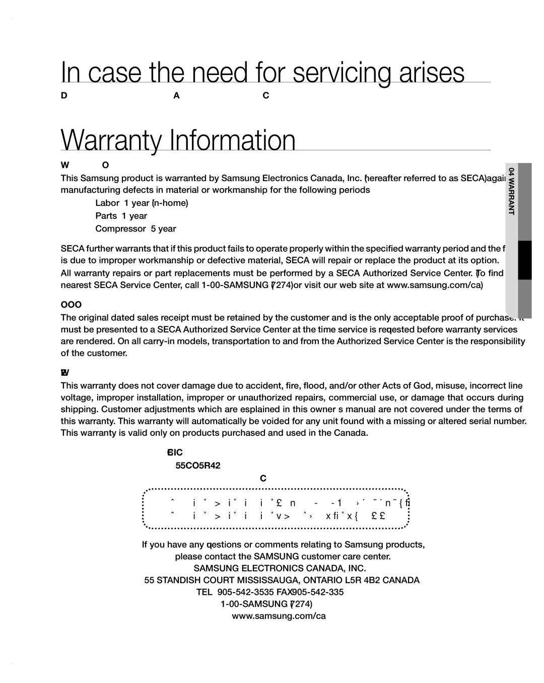 Samsung RFG297AA user manual Warranty Information, Case the need for servicing arises 