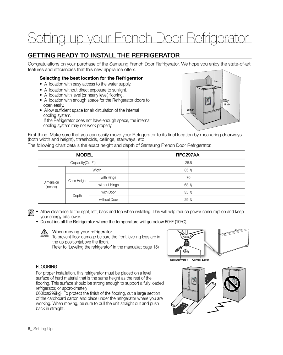 Samsung RFG297AA user manual Setting up your French Door Refrigerator, GEttinG READy to instALL tHE REFRiGERAtoR 