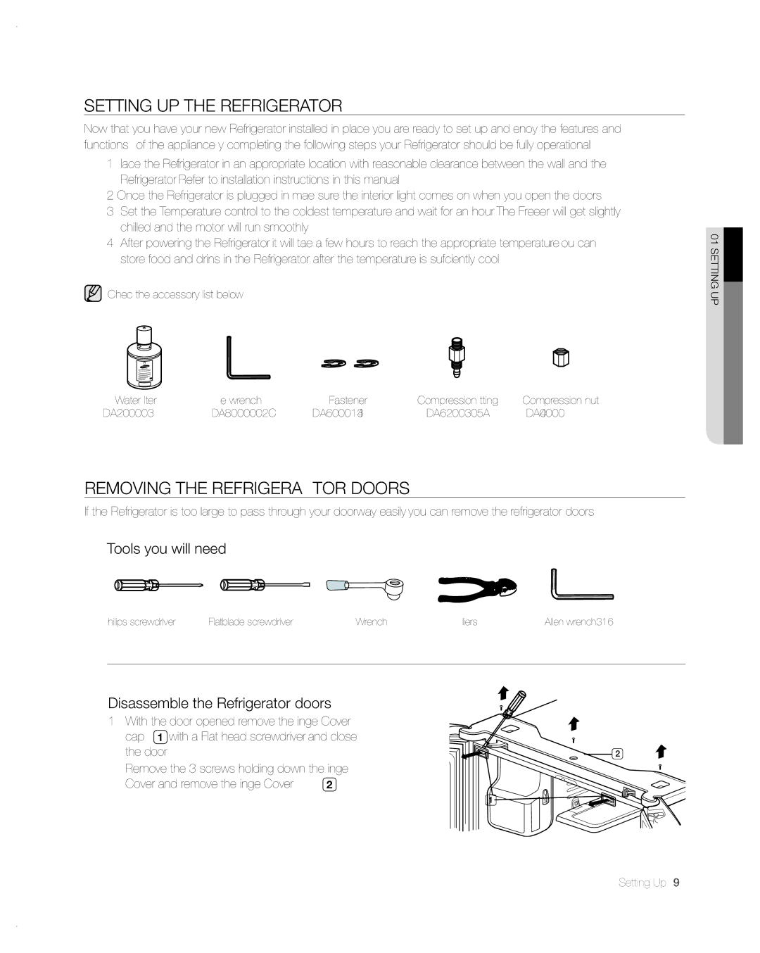 Samsung RFG297AA user manual Setting uP tHe ReFRigeRAtoR, Removing the refrigerator doors, Tools you will need 