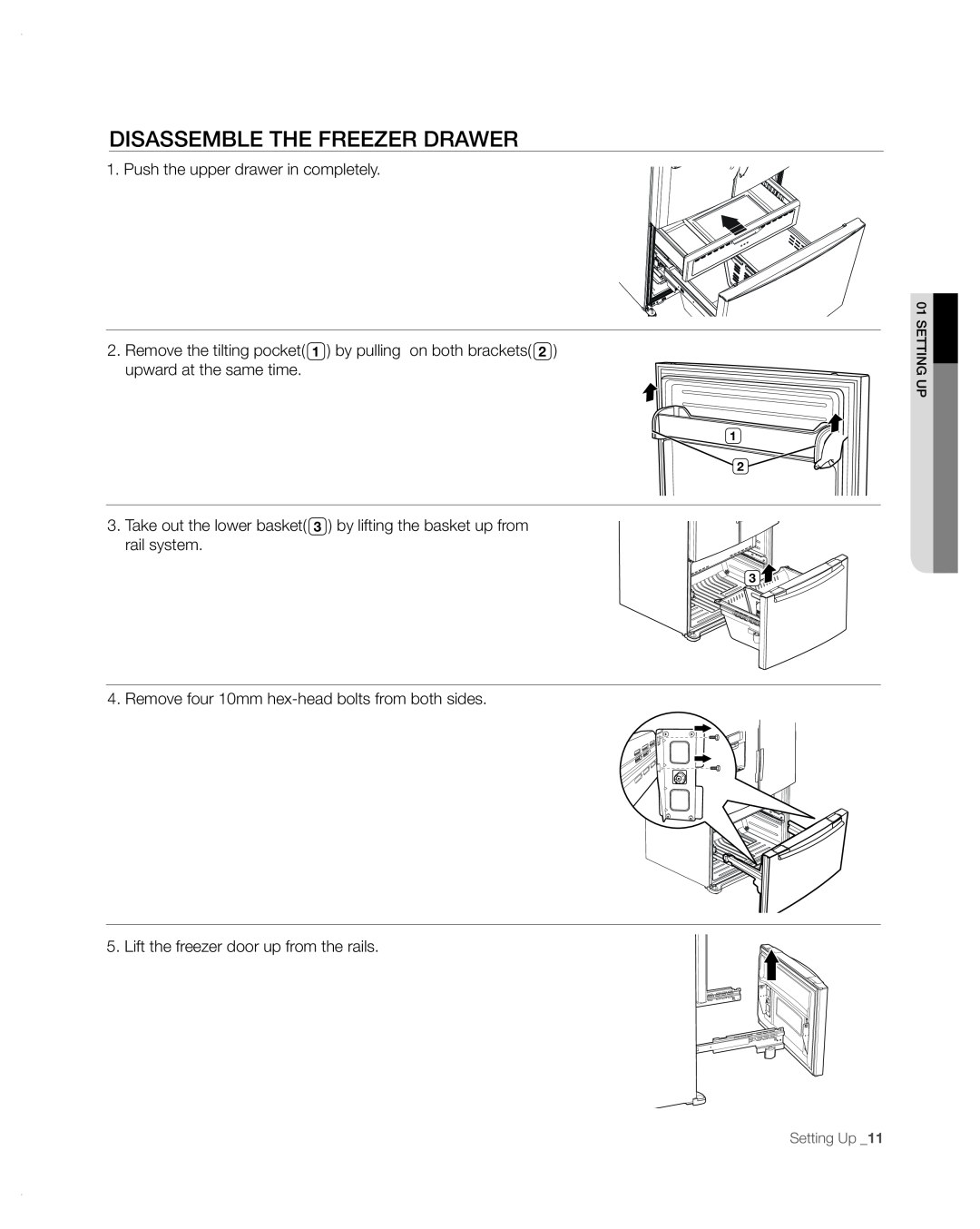 Samsung RFG297AA user manual disassemble the freezer drawer, Push the upper drawer in completely, Setting Up 