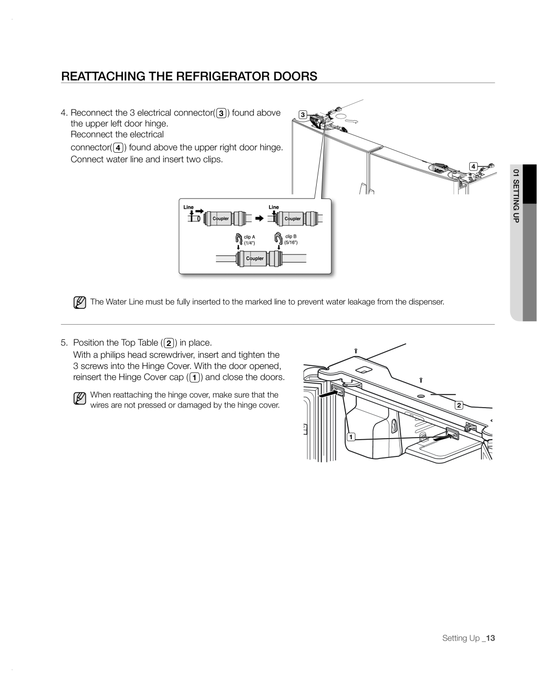 Samsung RFG297AA user manual REAttACHinG tHE REFRiGERAtoR DooRs, Position the Top in place 