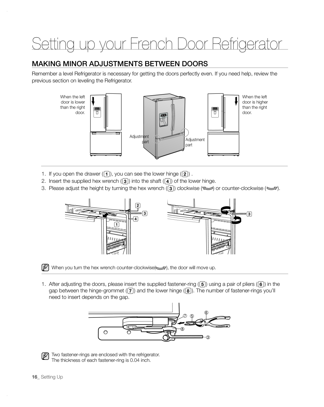 Samsung RFG297AA user manual Making Minor Adjustments Between Doors, Setting up your French Door Refrigerator, Setting Up 
