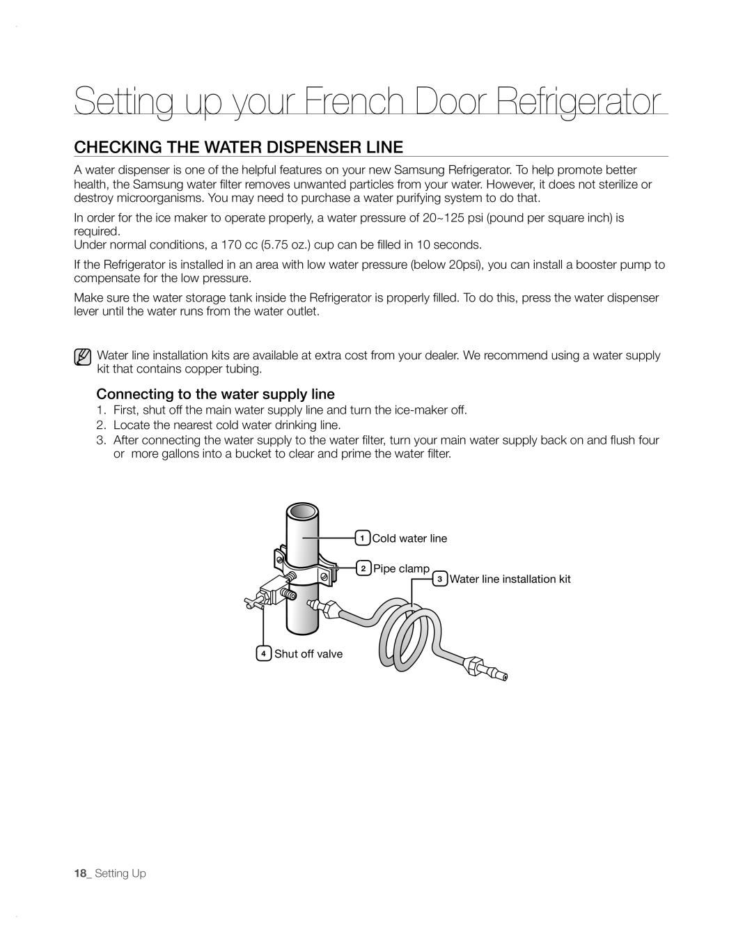Samsung RFG297AA user manual CHECKinG tHE wAtER DisPEnsER LinE, Setting up your French Door Refrigerator 