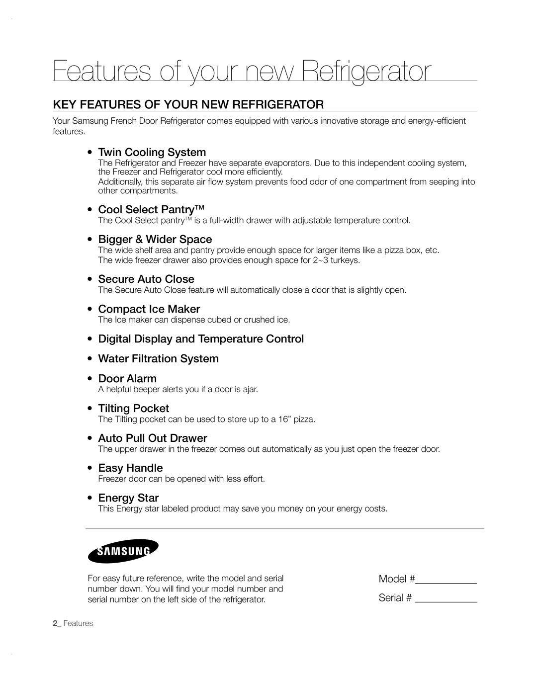 Samsung RFG297AA user manual Features of your new Refrigerator, Key features of your new refrigerator 