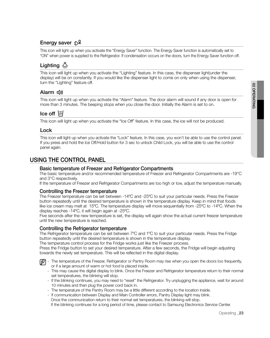 Samsung RFG297AA user manual Using the control panel, Energy saver, Lighting, Alarm, Ice off, Lock, Operating 