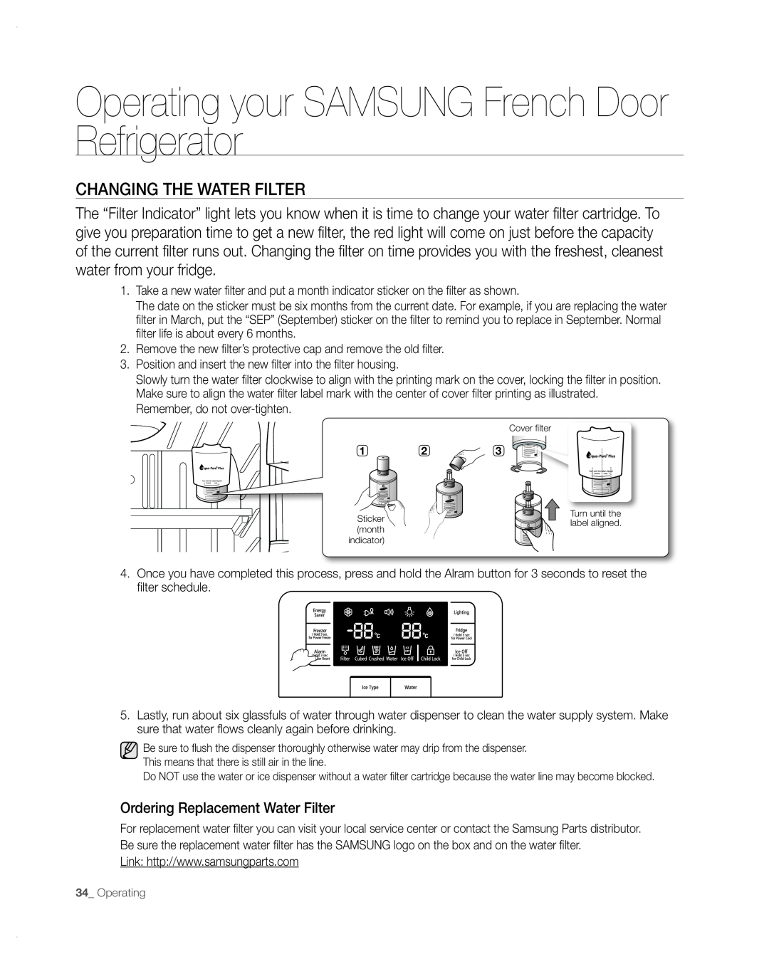 Samsung RFG297AA user manual CHAnGinG tHE wAtER FiLtER, Operating your SAMSUNG French Door Refrigerator 