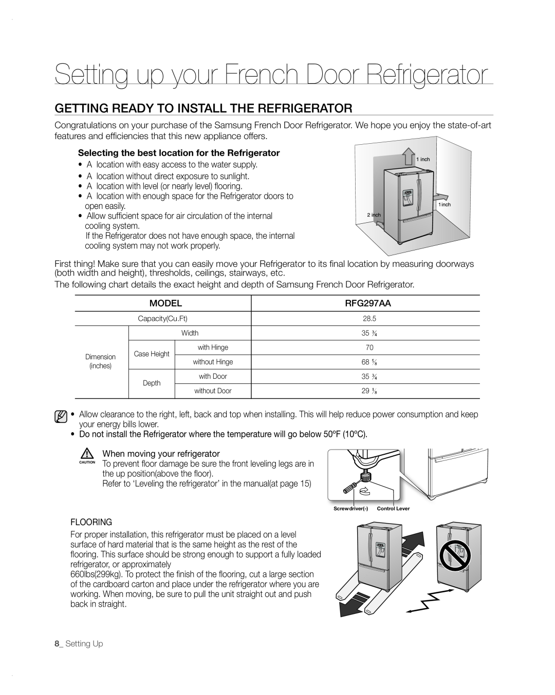 Samsung RFG297AA user manual Setting up your French Door Refrigerator, GEttinG READy to instALL tHE REFRiGERAtoR 