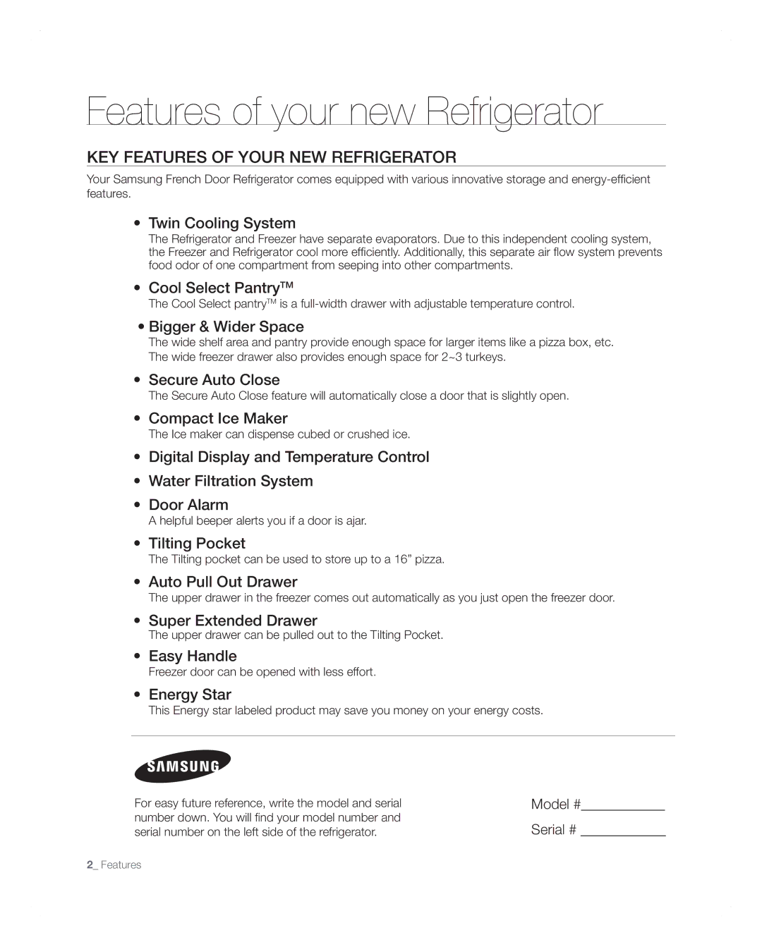 Samsung RFG297AARS user manual Key features of your new refrigerator, Model #, Serial # 