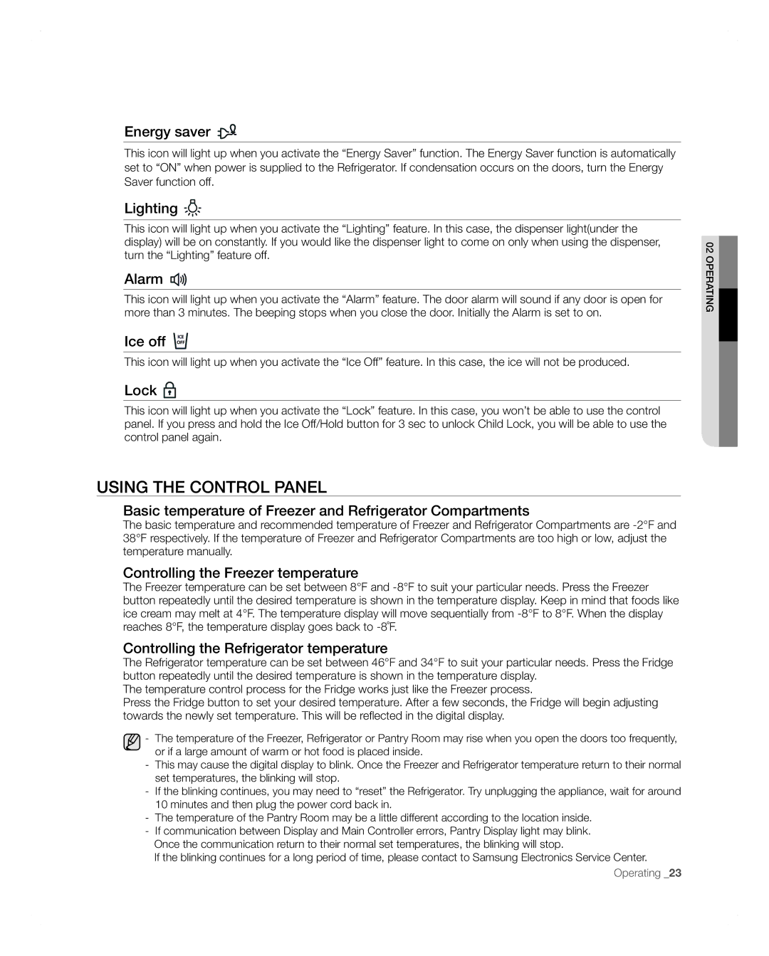 Samsung RFG297AARS user manual Energy saver, Lighting, Alarm, Ice off, Lock, Controlling the Freezer temperature 