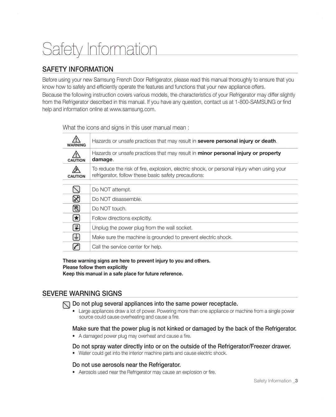 Samsung RFG297AARS user manual Safety Information, Severe Warning Signs, Do not use aerosols near the Refrigerator 