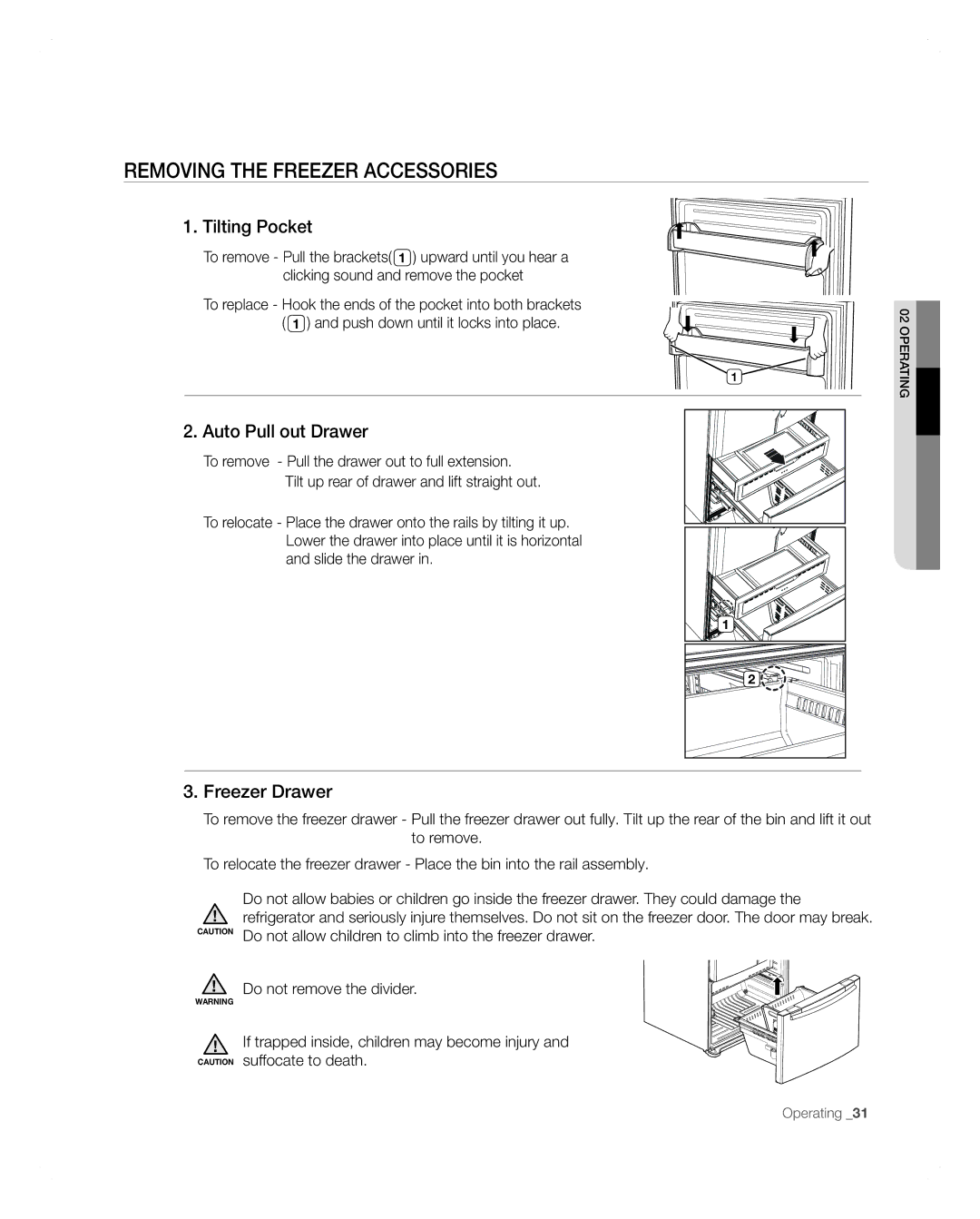 Samsung RFG297AARS user manual Removing the Freezer Accessories, Tilting Pocket, Auto Pull out Drawer, Freezer Drawer 