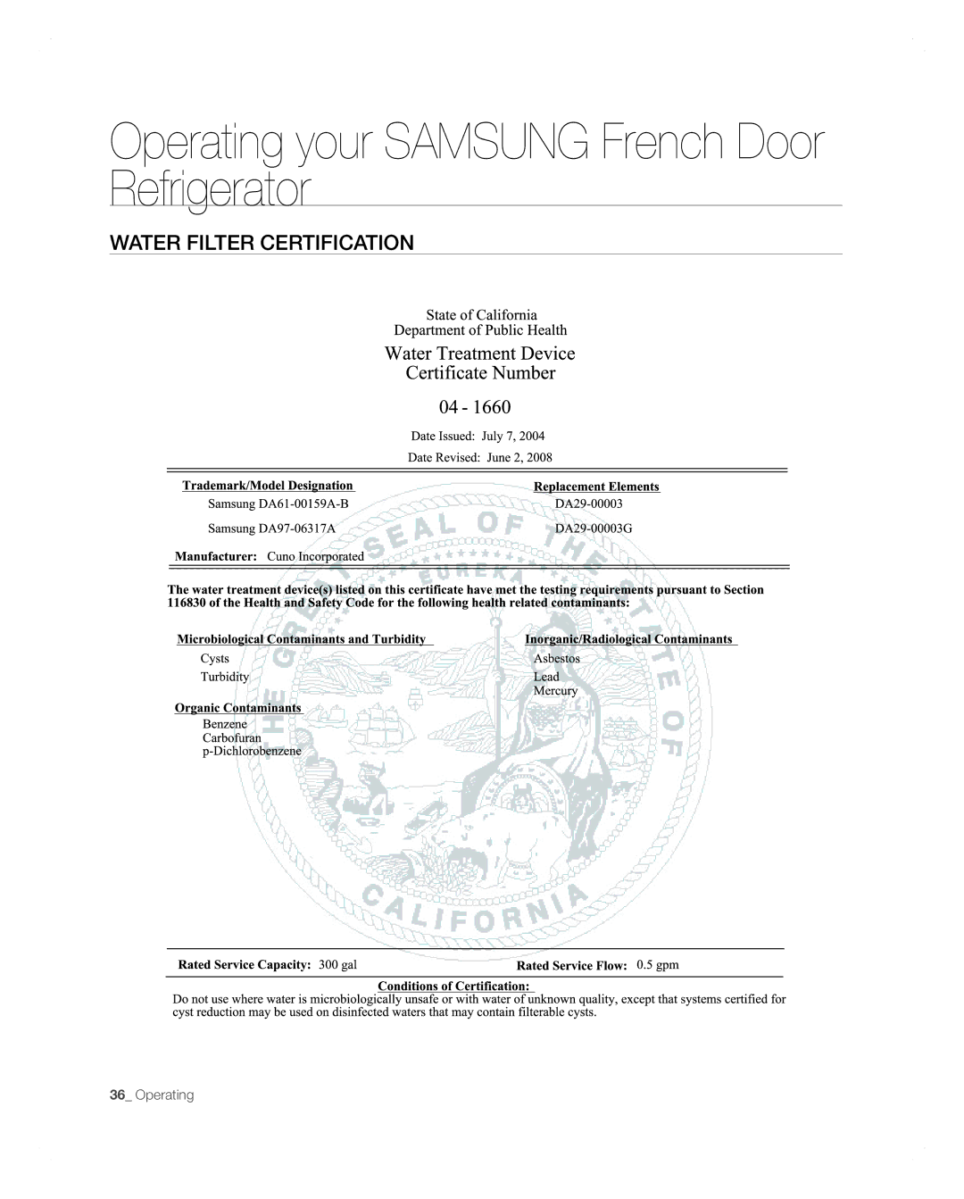 Samsung RFG297AARS user manual Water Filter Certification 