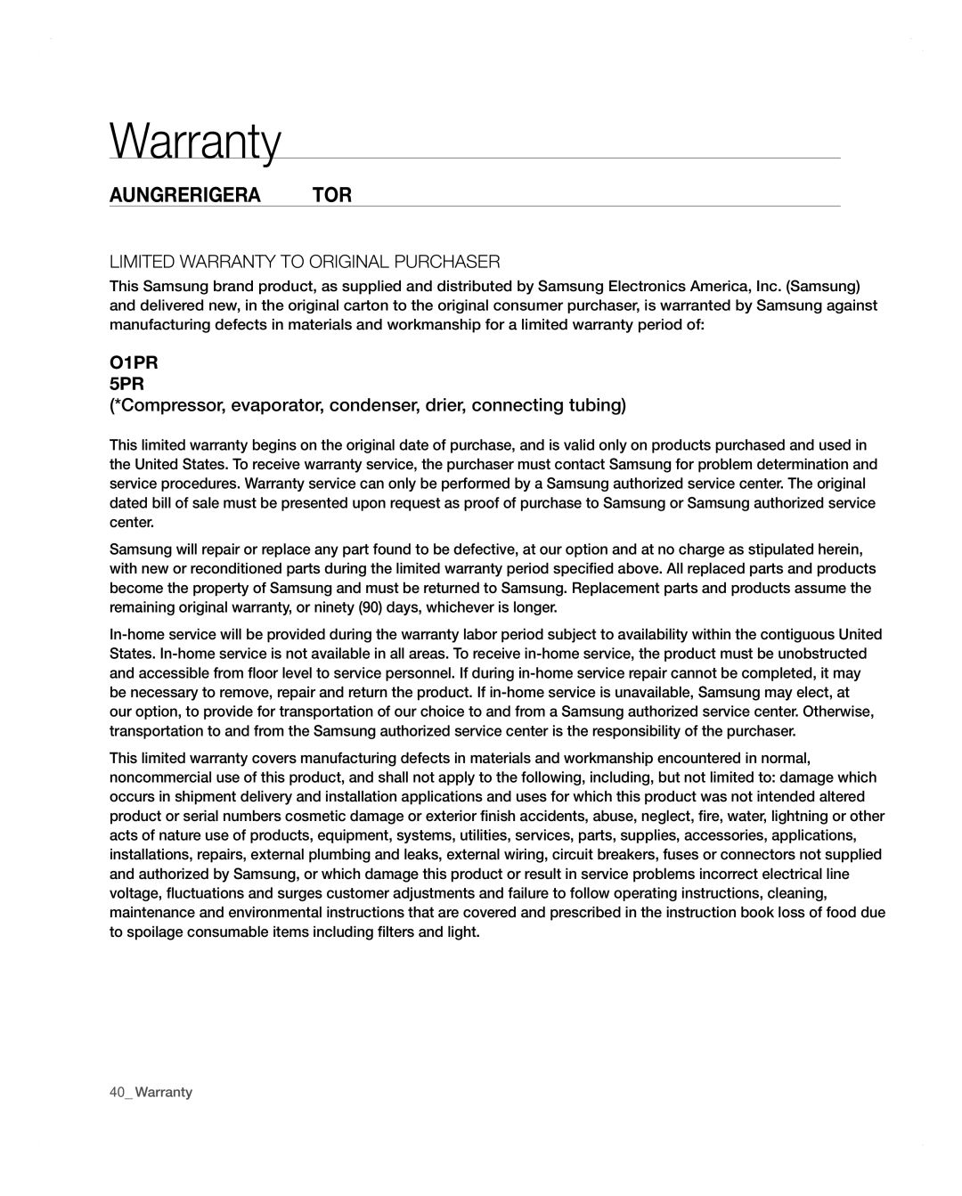 Samsung RFG297AARS user manual Warranty, SAMsunG REFRiGERAtoR 