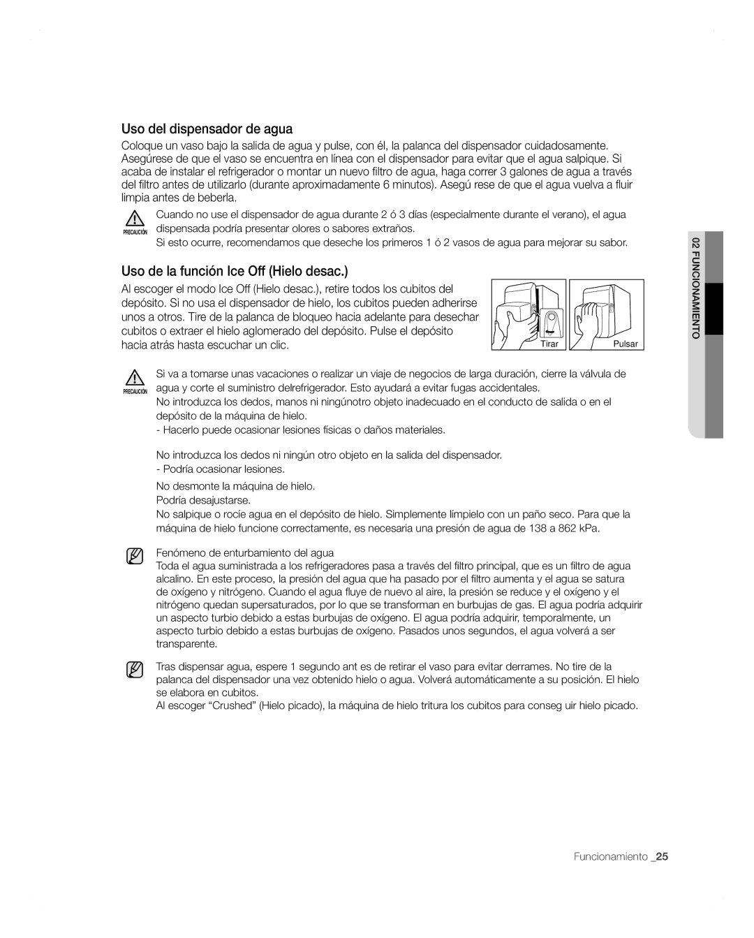 Samsung RFG297AARS user manual Uso del dispensador de agua, Uso de la función Ice Off Hielo desac 