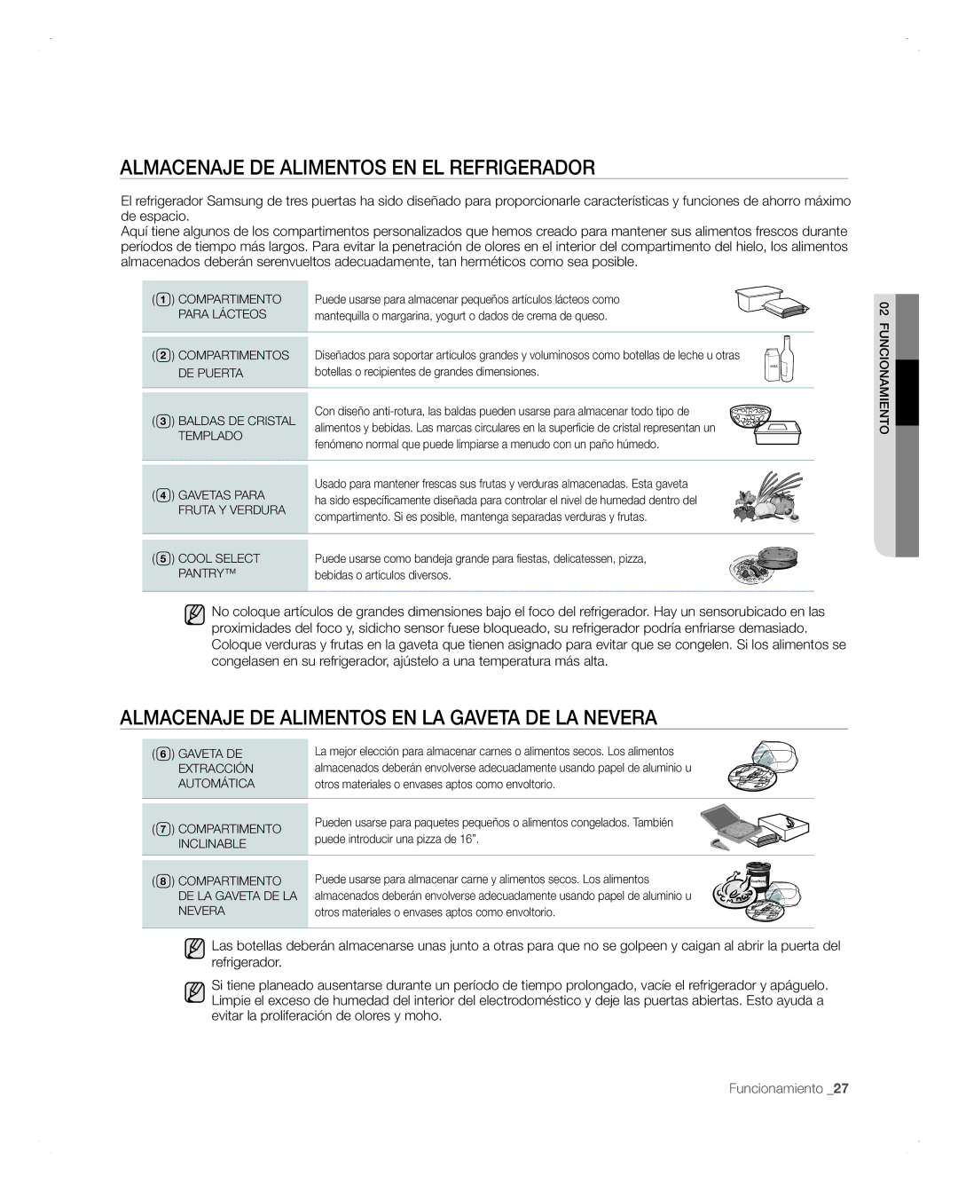 Samsung RFG297AARS Almacenaje DE Alimentos EN EL Refrigerador, Almacenaje DE Alimentos EN LA Gaveta DE LA Nevera 