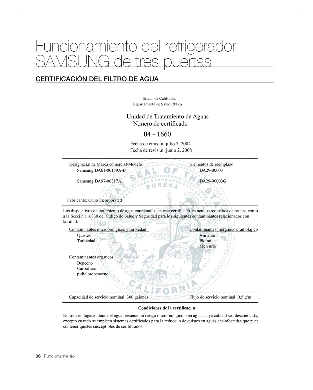 Samsung RFG297AARS user manual Certificación del filtro de agua, Unidad de Tratamiento de Aguas Mero de certificado 