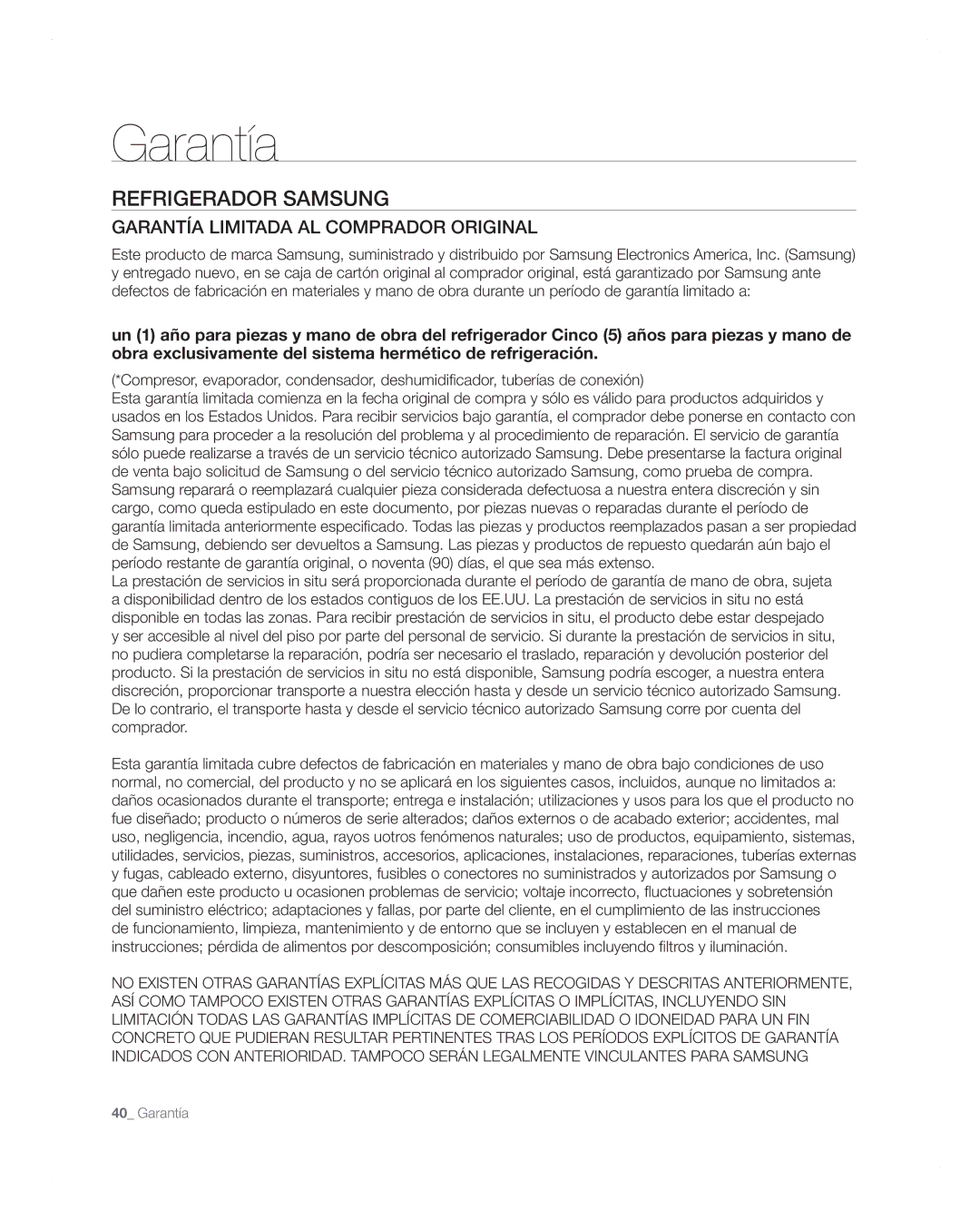 Samsung RFG297AARS user manual Garantía, Refrigerador Samsung 