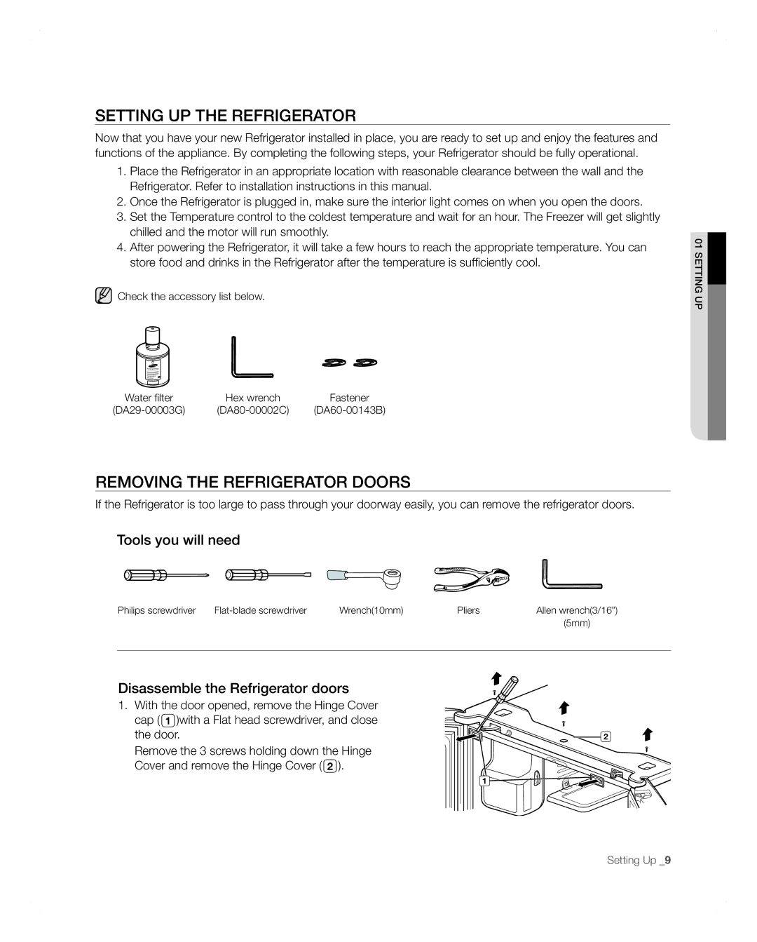 Samsung RFG297AARS user manual Setting uP tHe ReFRigeRAtoR, Removing the refrigerator doors, Tools you will need 