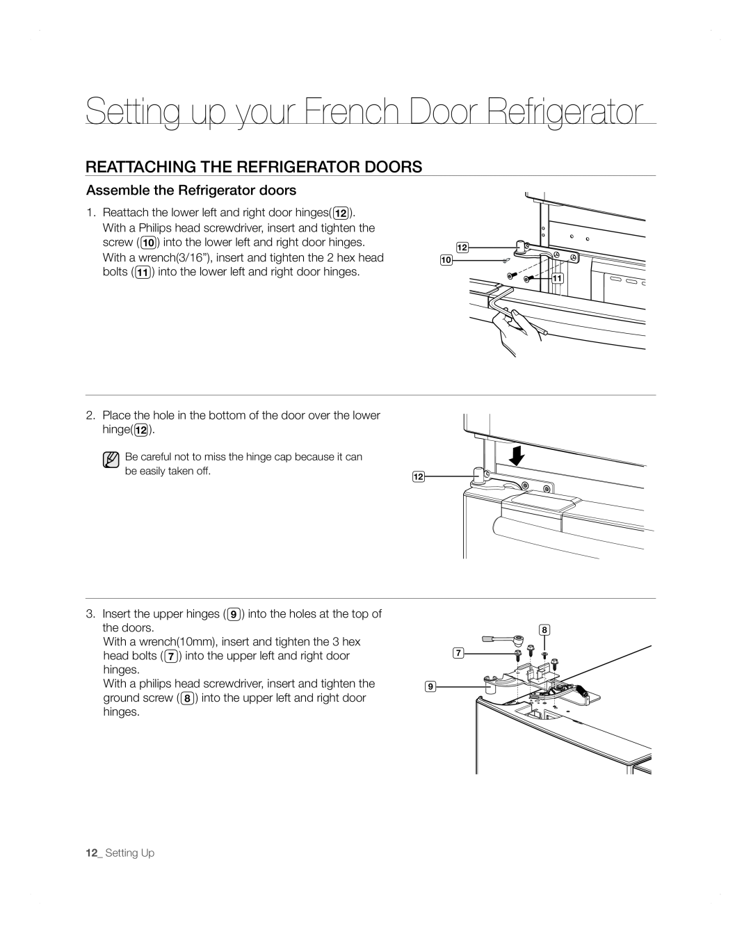 Samsung RFG297AARS user manual REAttACHinG tHE REFRiGERAtoR DooRs, Setting up your French Door Refrigerator 
