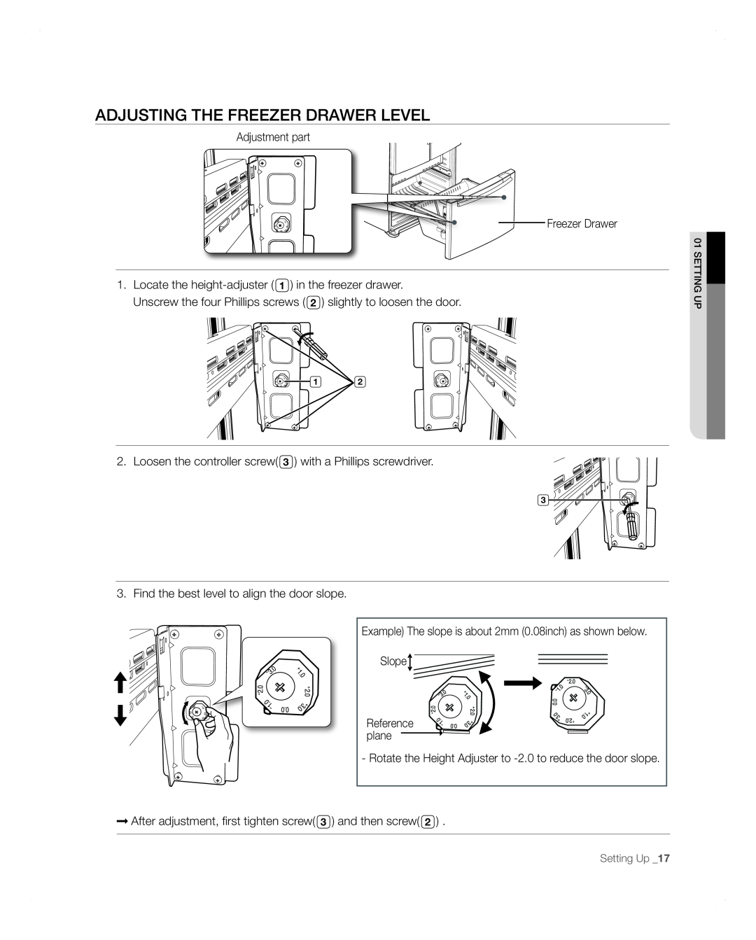 Samsung RFG297AARS user manual Adjusting The Freezer Drawer Level 