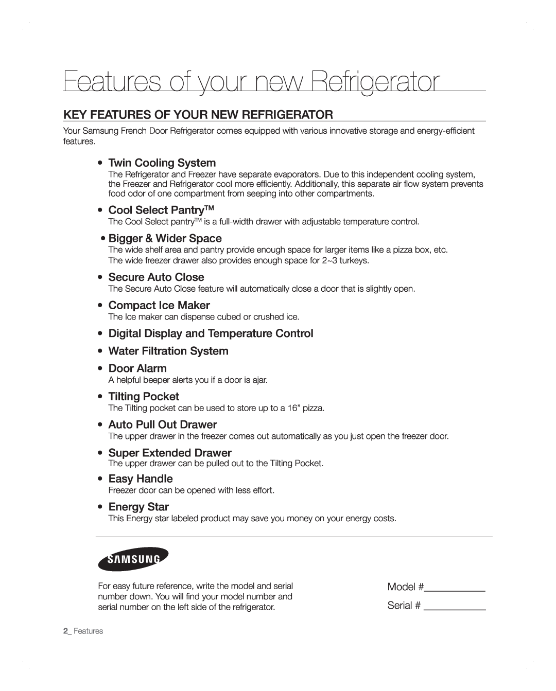 Samsung RFG297AARS user manual Features of your new Refrigerator, Key features of your new refrigerator 